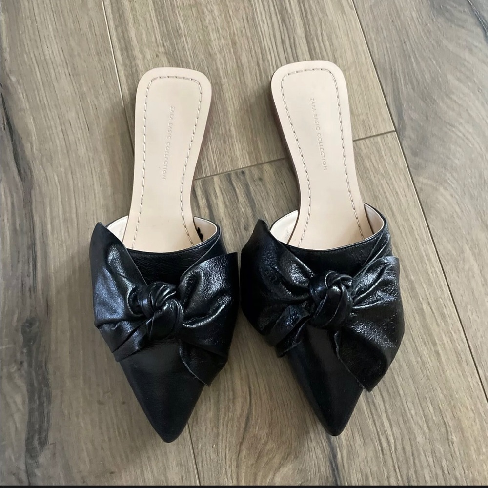 NEW ZARA LEATHER SLIDES WITH BOW Black Slip On Mule Size 38 7.5